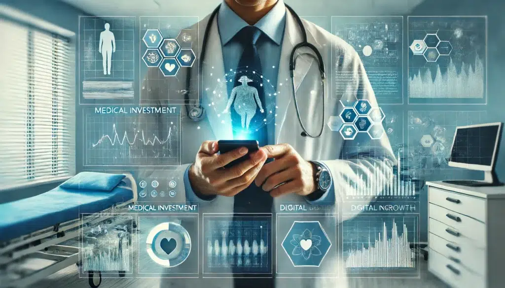 DALL·E 2024 06 14 14.50.02 A professional and modern healthcare environment with a blue tone overlay. Elements include a doctor using a mobile device digital graphs and charts